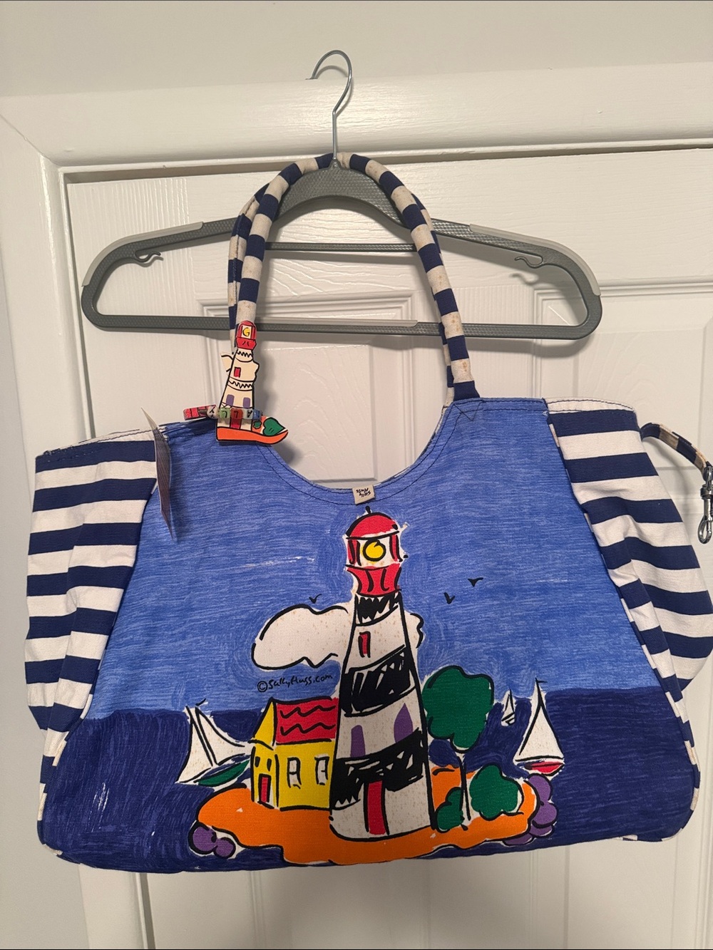 Navy Stripe Sally Huss Designer Beach Tote Bag with Lighthouse Print